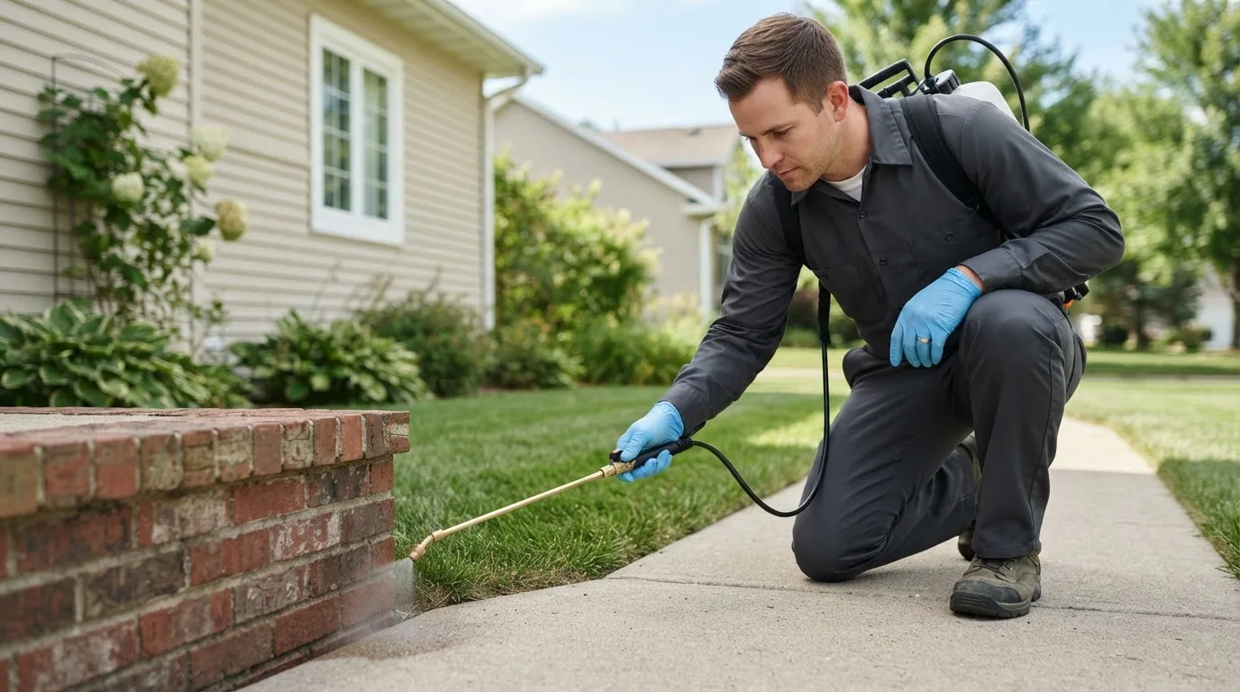Pest control technician treating a home near North Jackson, OH